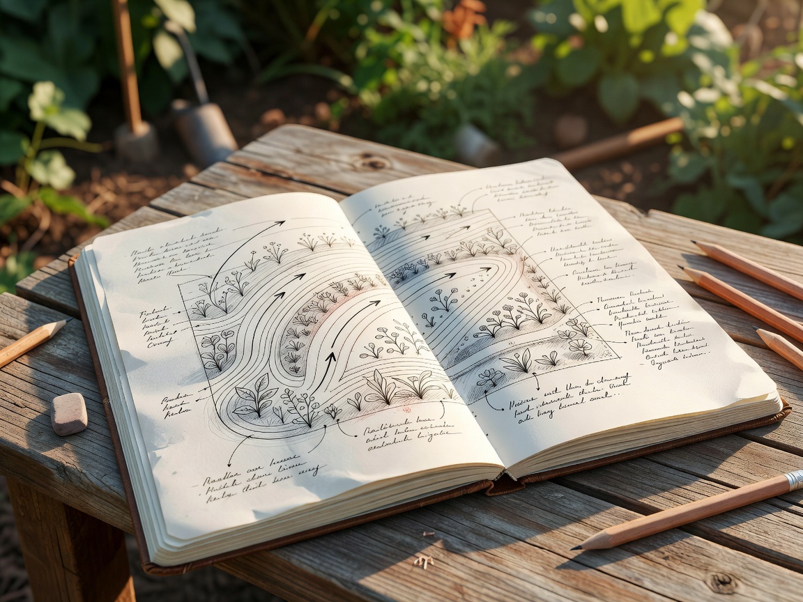 Aufgeschlagenes Notizbuch mit handgezeichneter Gartenskizze, Pfeilen für den Sonnenverlauf und Pflanzennotizen auf einem Holztisch im Freien