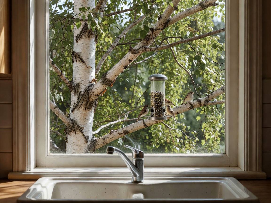 Blick durch ein Küchenfenster über die Spüle auf eine Silberbirke und ein hängendes Vogelhäuschen