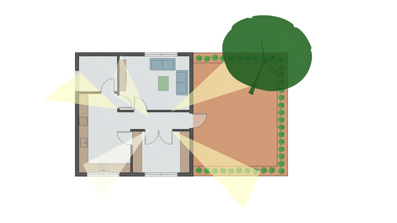 Flache Vektorgrafik eines Plans mit Sichtkegeln von Küche, Wohnzimmer und Flur hinaus auf eine Terrasse, ein bepflanztes Beet und einen Baum mit Krone