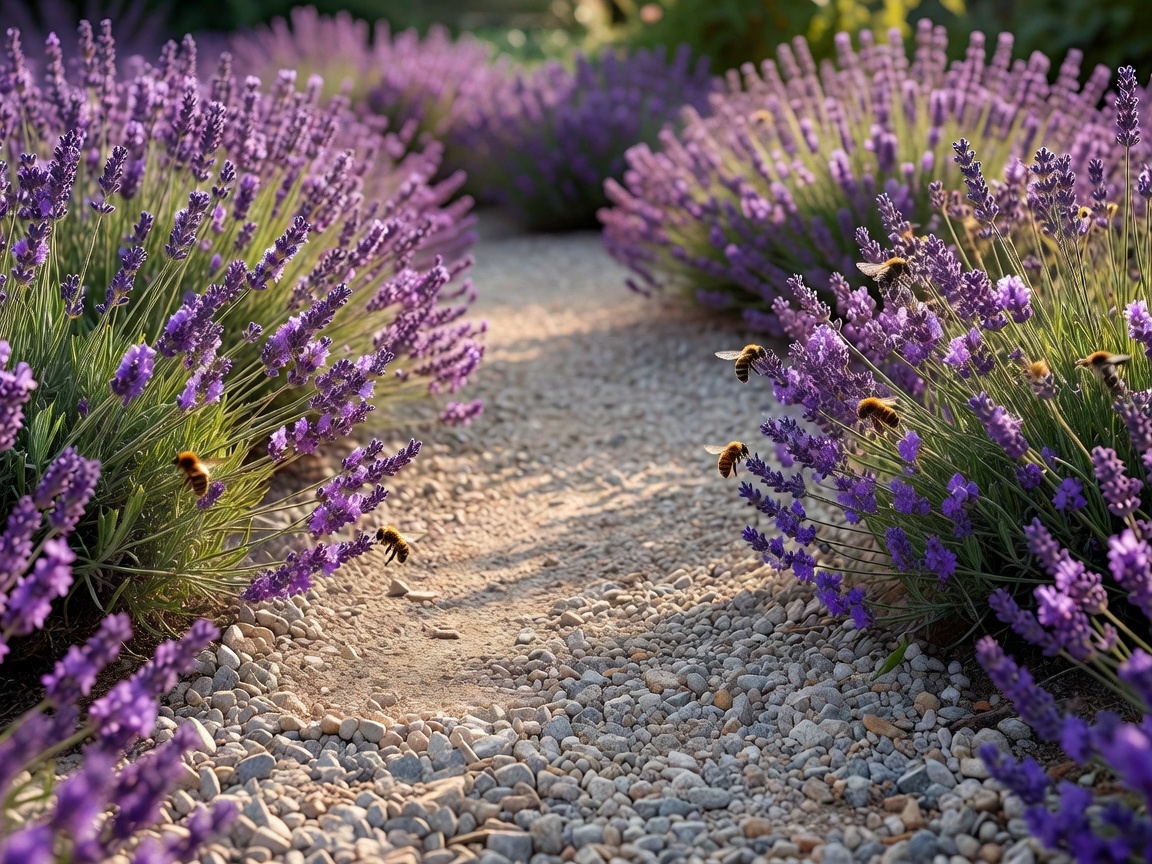 Grusgangsti kantet med blomstrende lavendel og besøkende bier